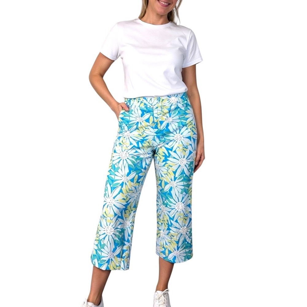 Lilly Pulitzer Blue Green‎ Daisy Floral Cropped Pants Womens 8 Preppy Resortwear